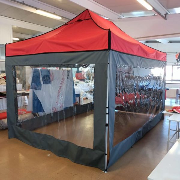 Portatif Katlanır Çadır (Şeffaf Gri Kırmızı) 3x4,5 m.